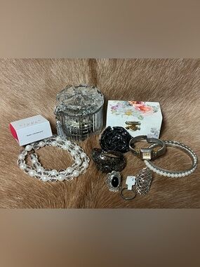 Vintage silver tone and black jewelry